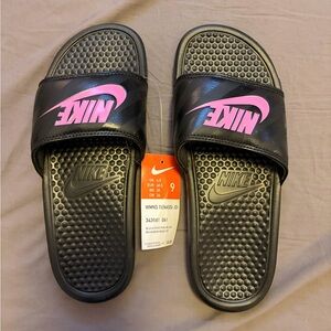 Nike Black and Vivid Pink Benassi Slides
